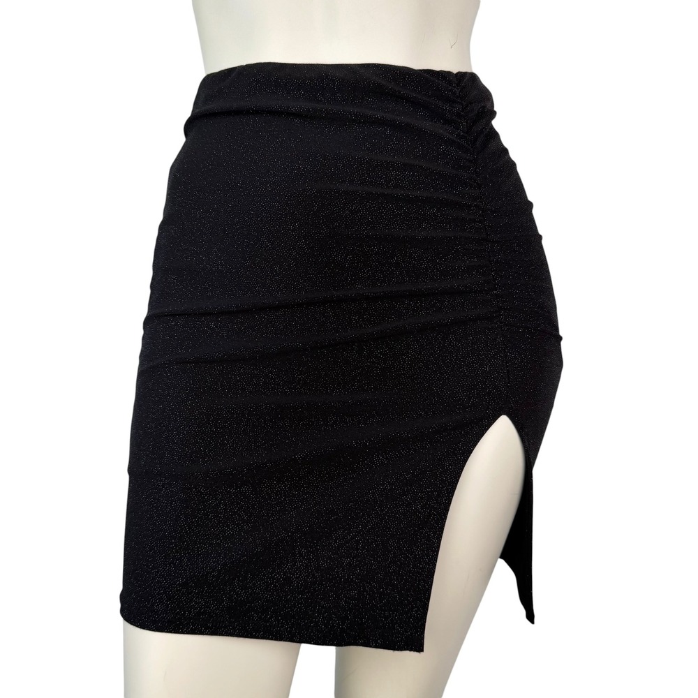 I JOAH Ruched Mini Skirt Black Y2K Silver Sparkle Slit Party Night Out Bling S